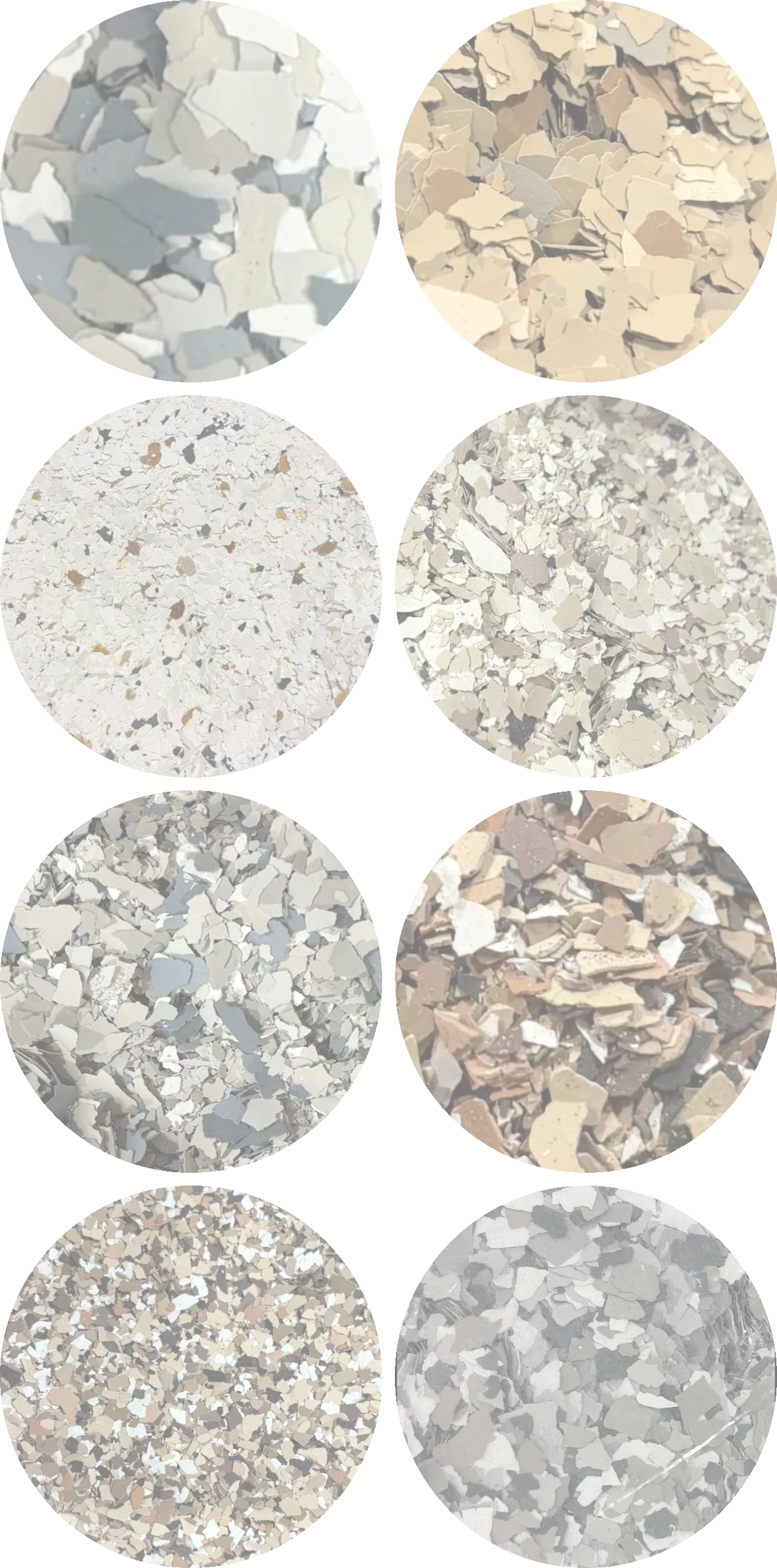 Eight decorative epoxy flake colour samples in neutral gray, cream, tan and brown combinations