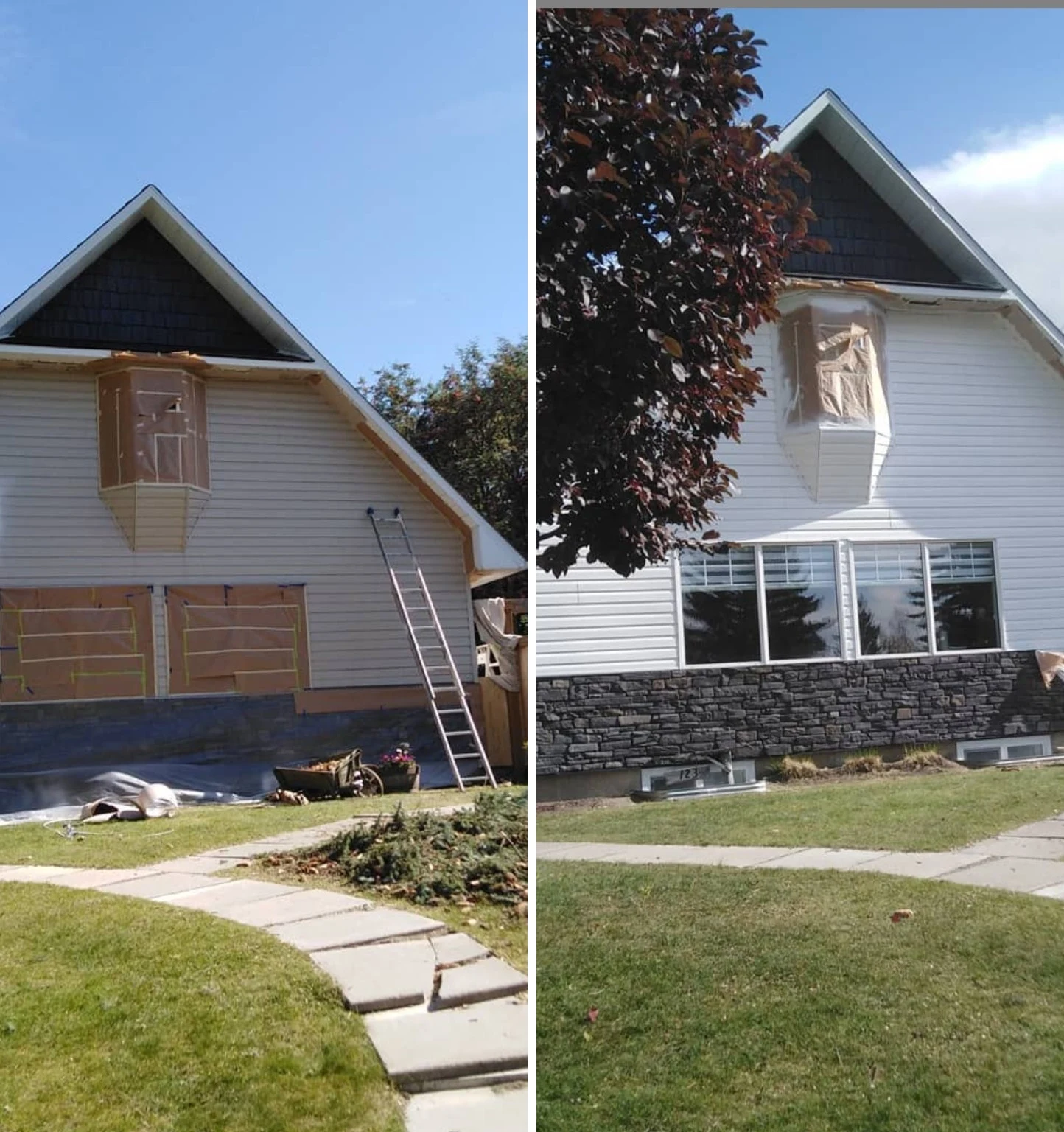 Two exterior views of a house during a detailed painting project