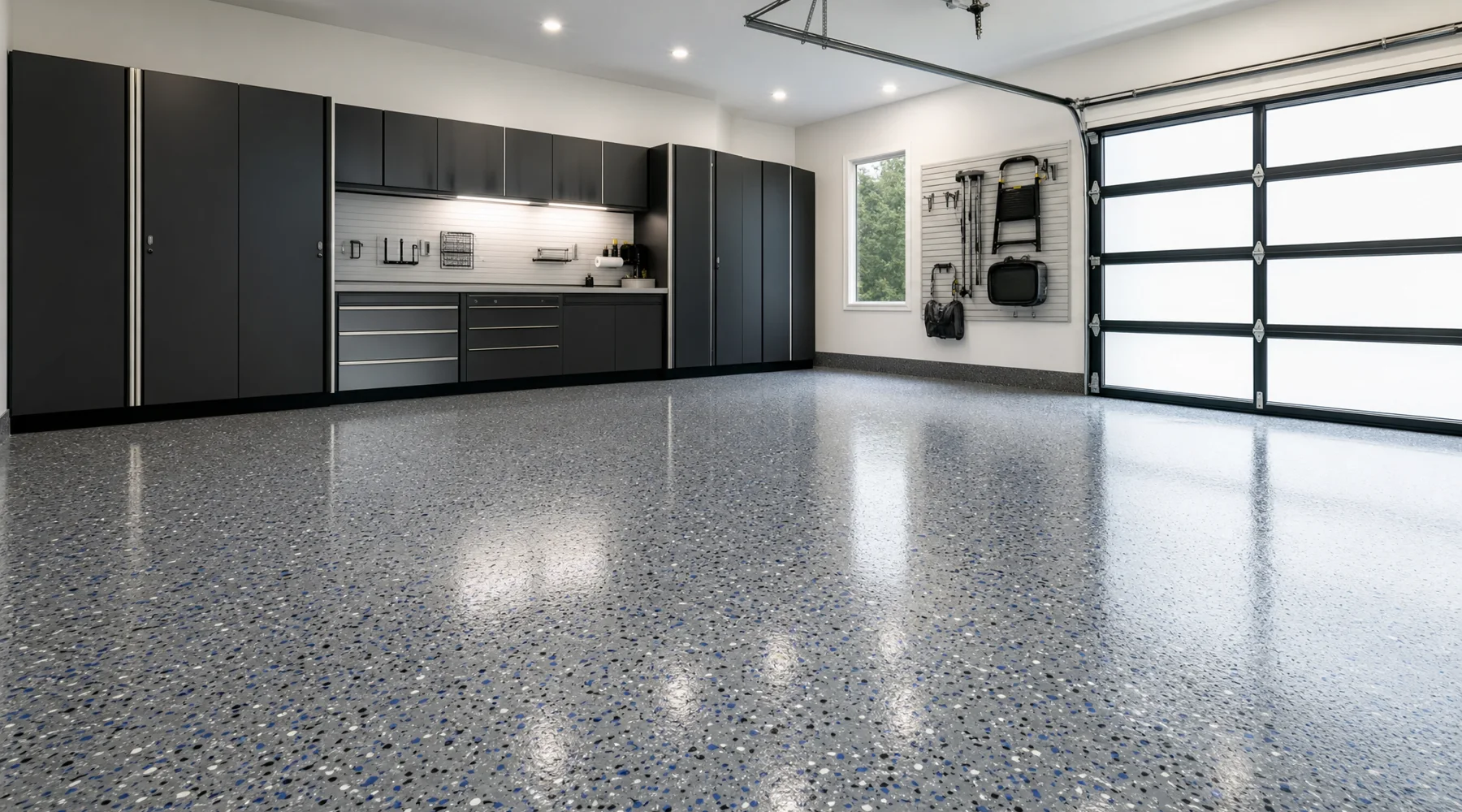 Detailed view of a smooth gray epoxy garage floor with black, white and blue decorative flakes