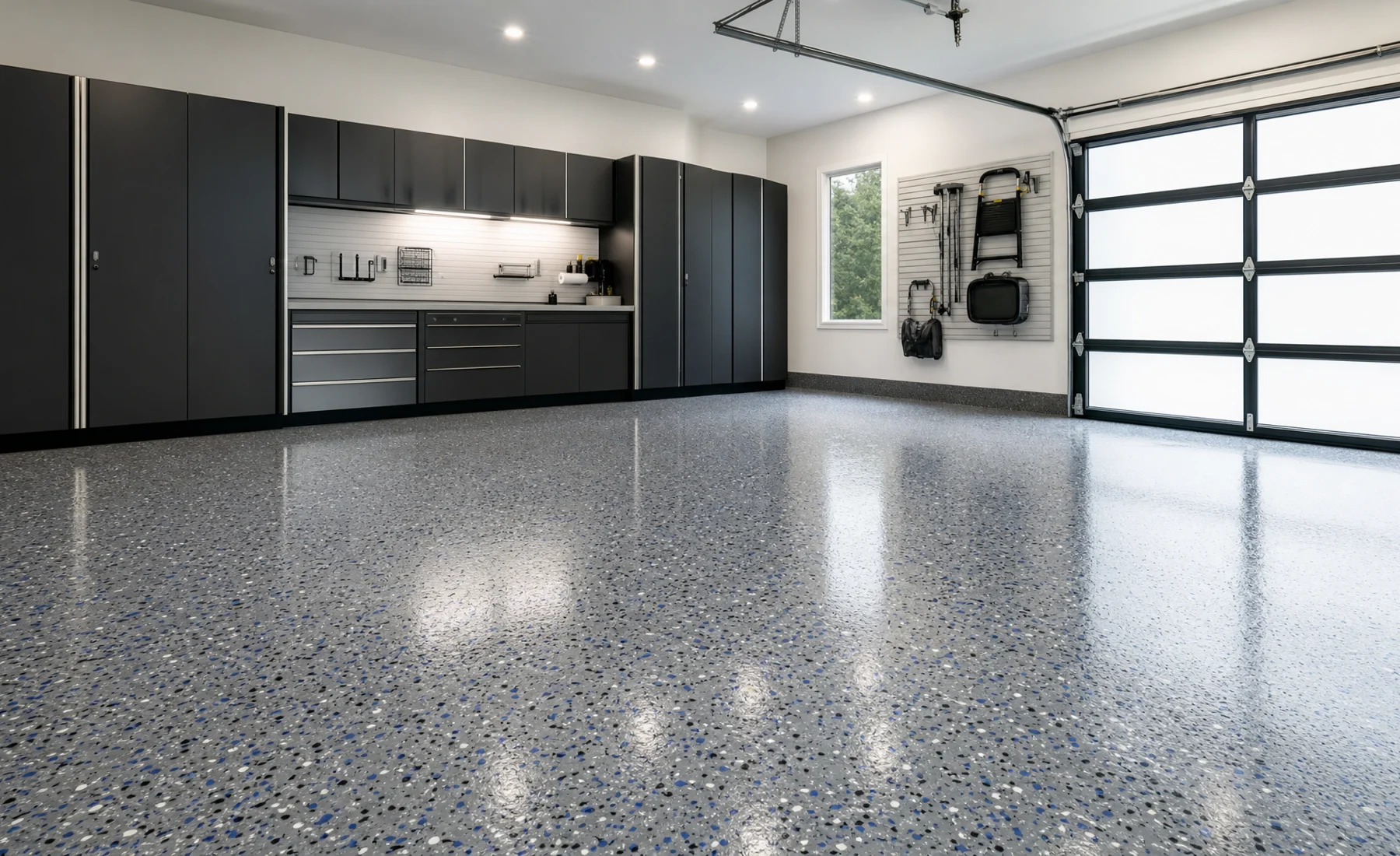 Bright organized garage with a professionally finished decorative epoxy floor