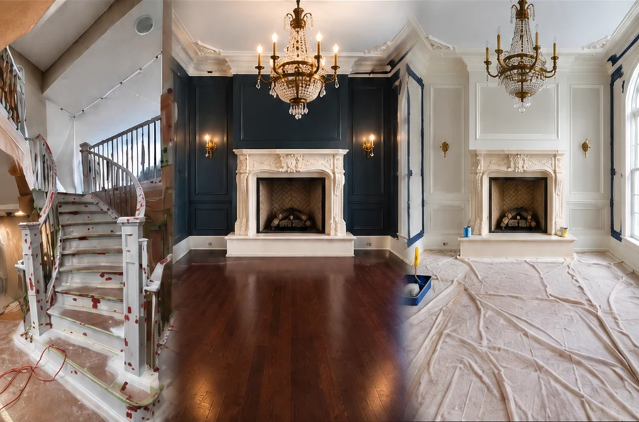 Before, completed, and preparation views of a detailed interior painting project
