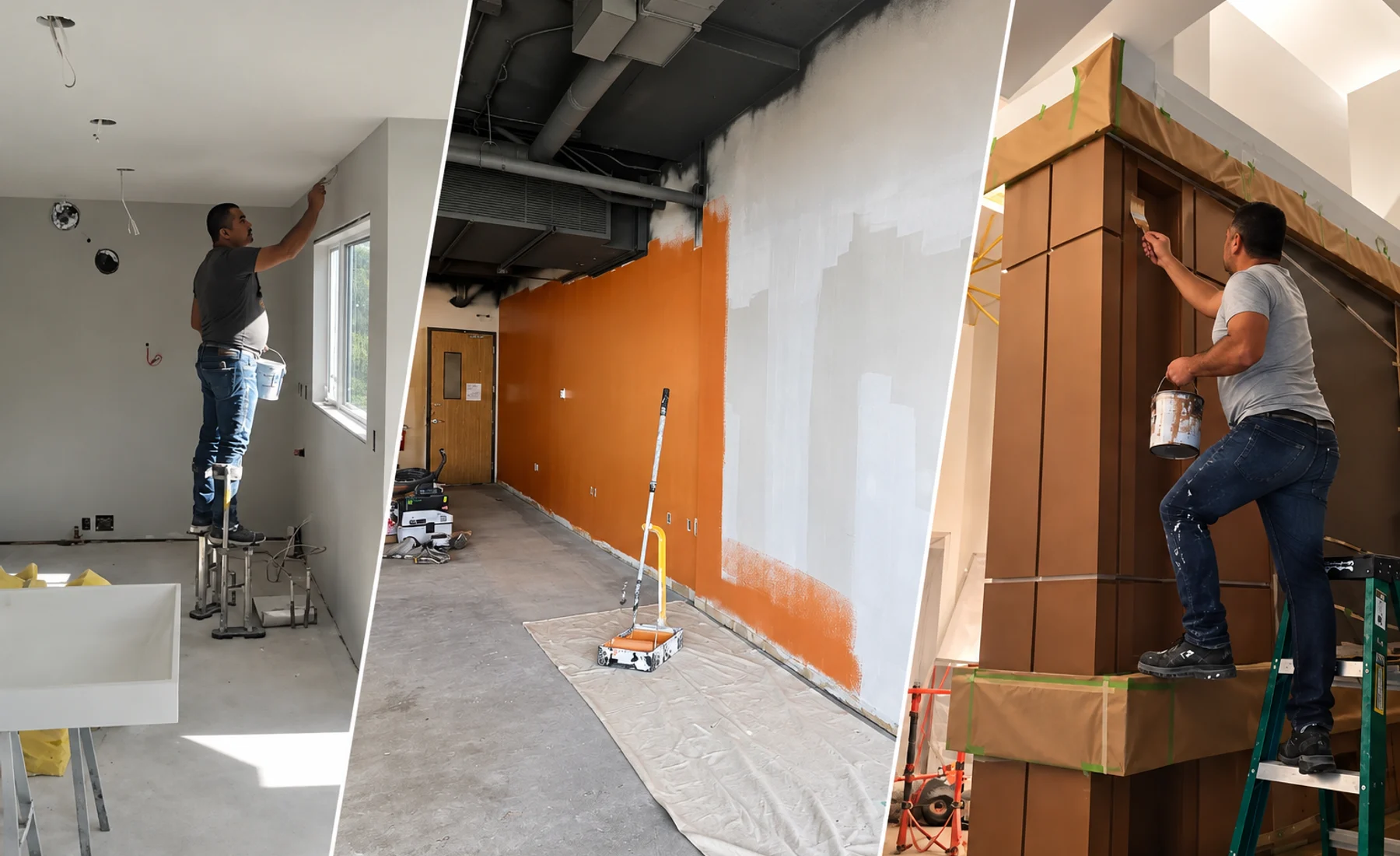 Professional painters carefully repainting a protected Calgary living room