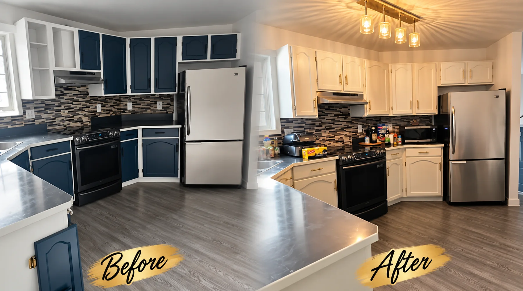 Cabinet doors and kitchen surfaces prepared for professional spray refinishing
