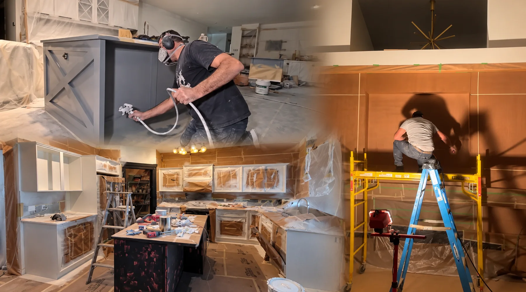 Kitchen cabinet spraying, preparation, and finishing work shown across multiple project stages