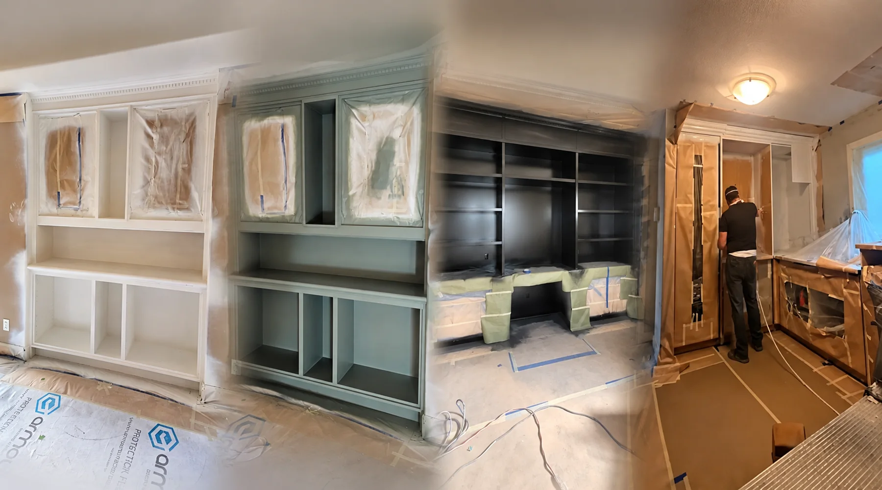 Kitchen cabinet preparation and refinishing project shown across multiple work stages