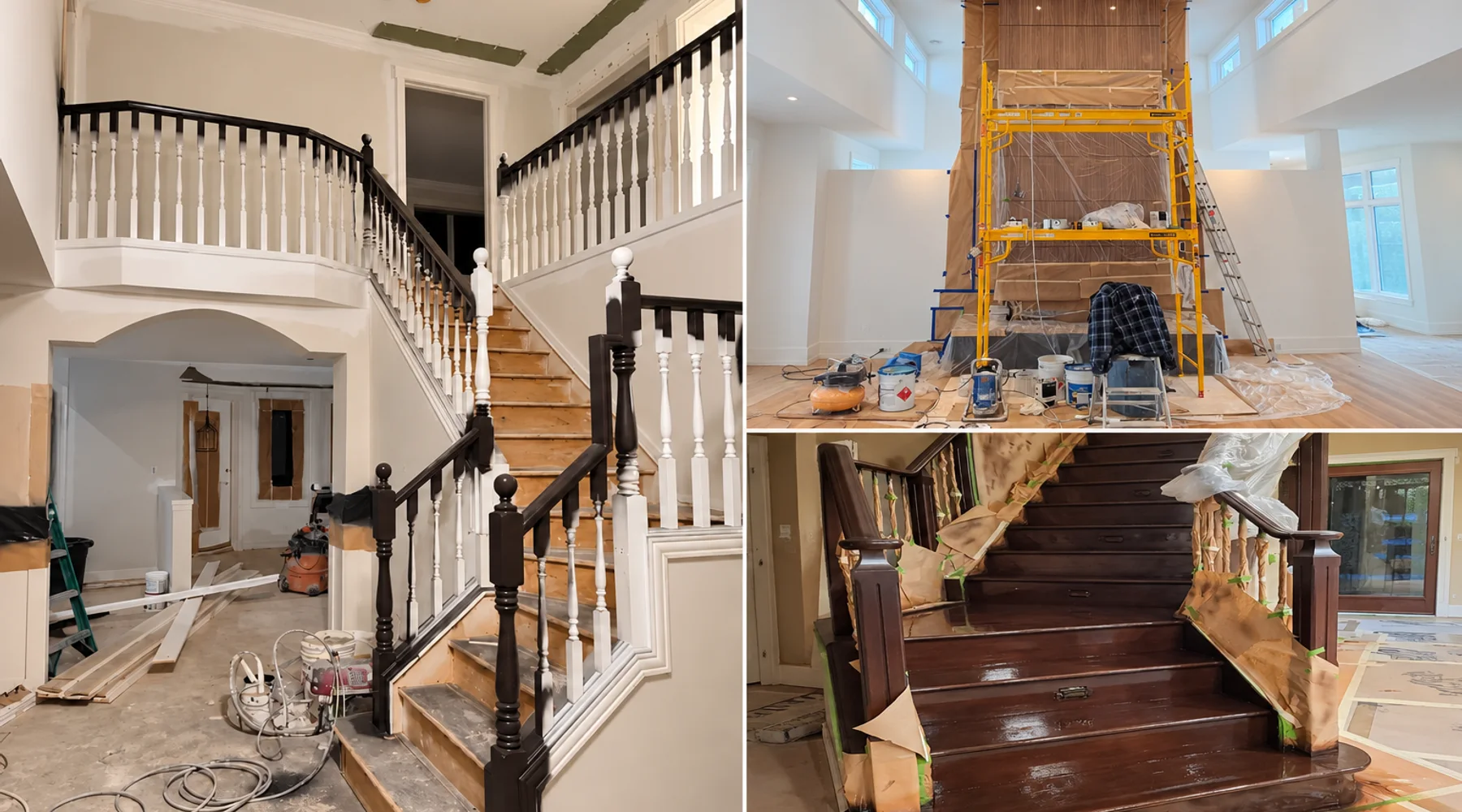 Interior renovation painting work shown across staircase and feature wall projects