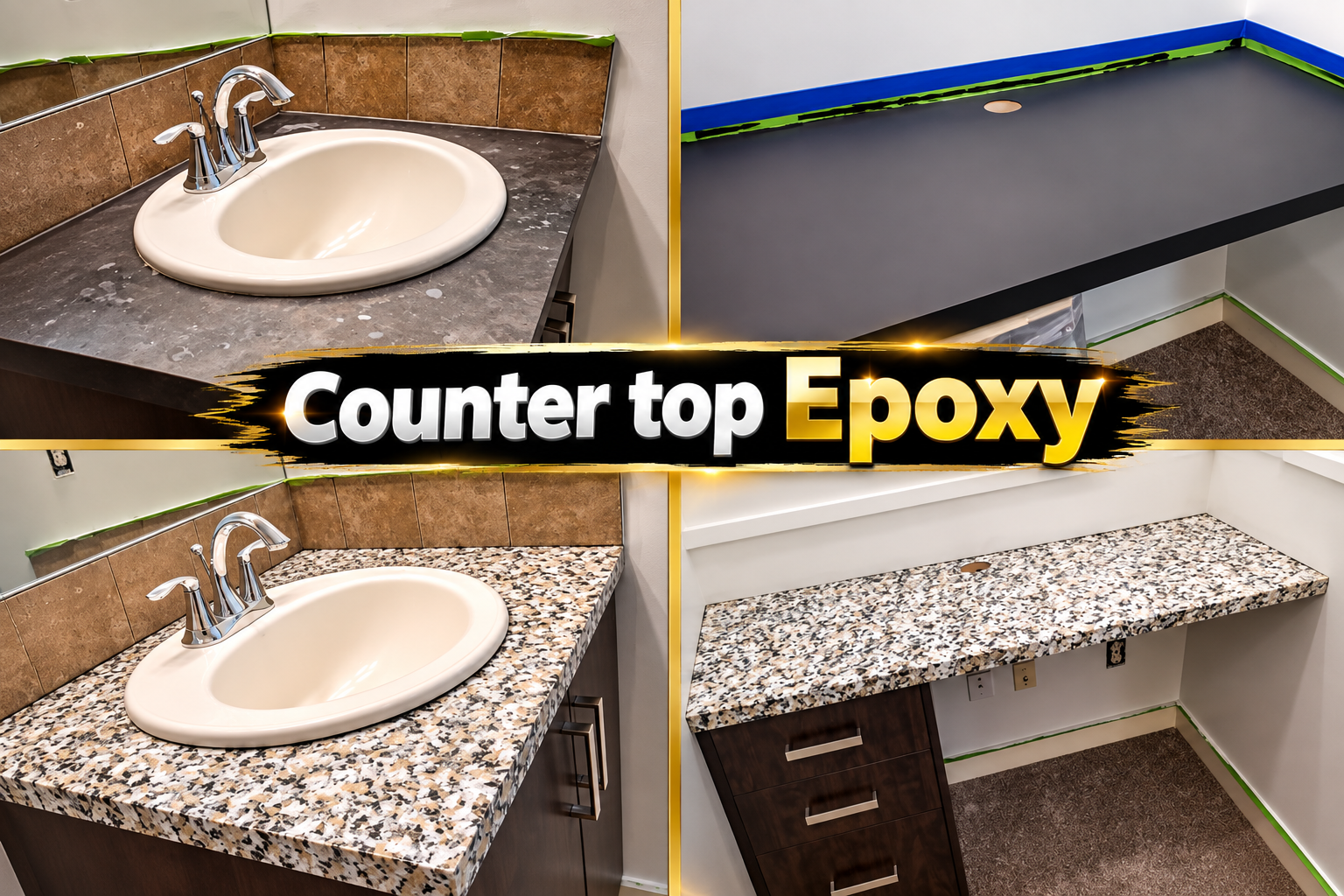 Epoxy countertop project collage showing the original vanity surface, a prepared dark countertop, and the completed decorative flake finishes