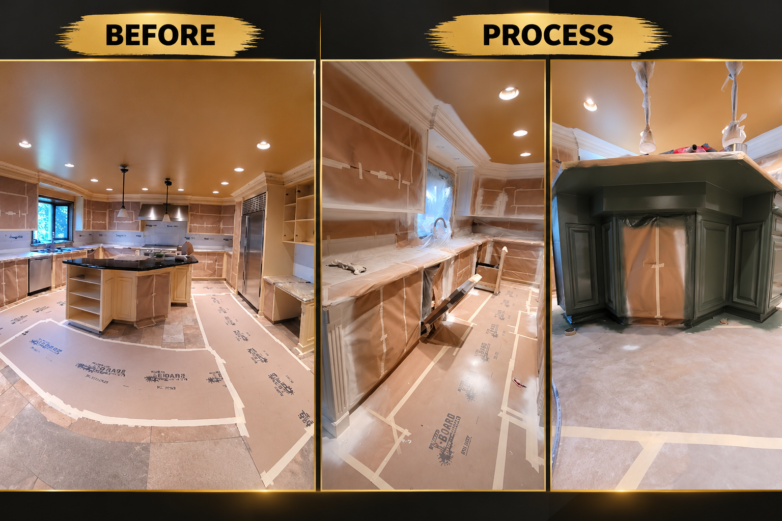 Kitchen cabinet renovation collage showing the original cabinetry, carefully masked cabinets and countertops, and a dark refinished kitchen island during the work
