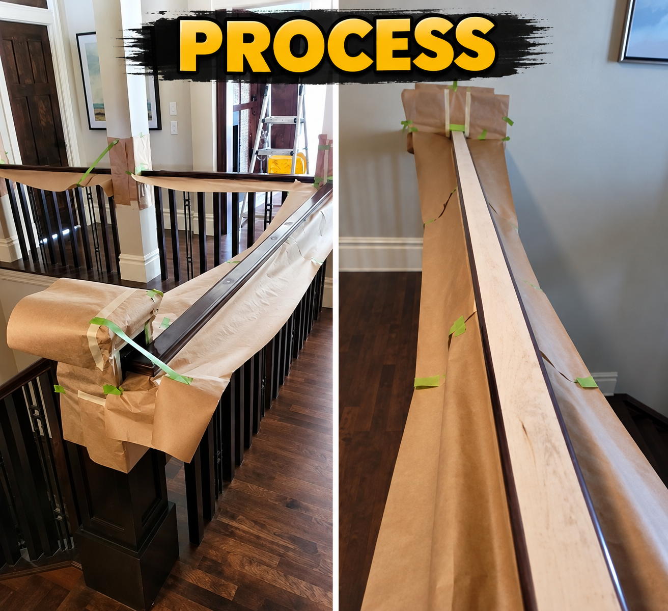 Two progress views of the railing showing protective paper and tape, surface preparation and refinishing work
